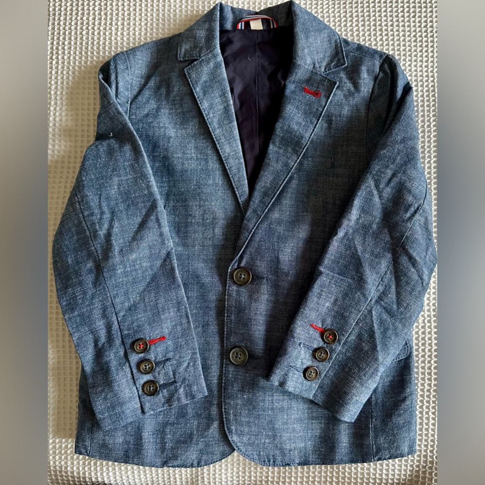 Mini Boden Chambray Blazer Boys Size 4-5Y Blue Cotton Wedding Holiday
